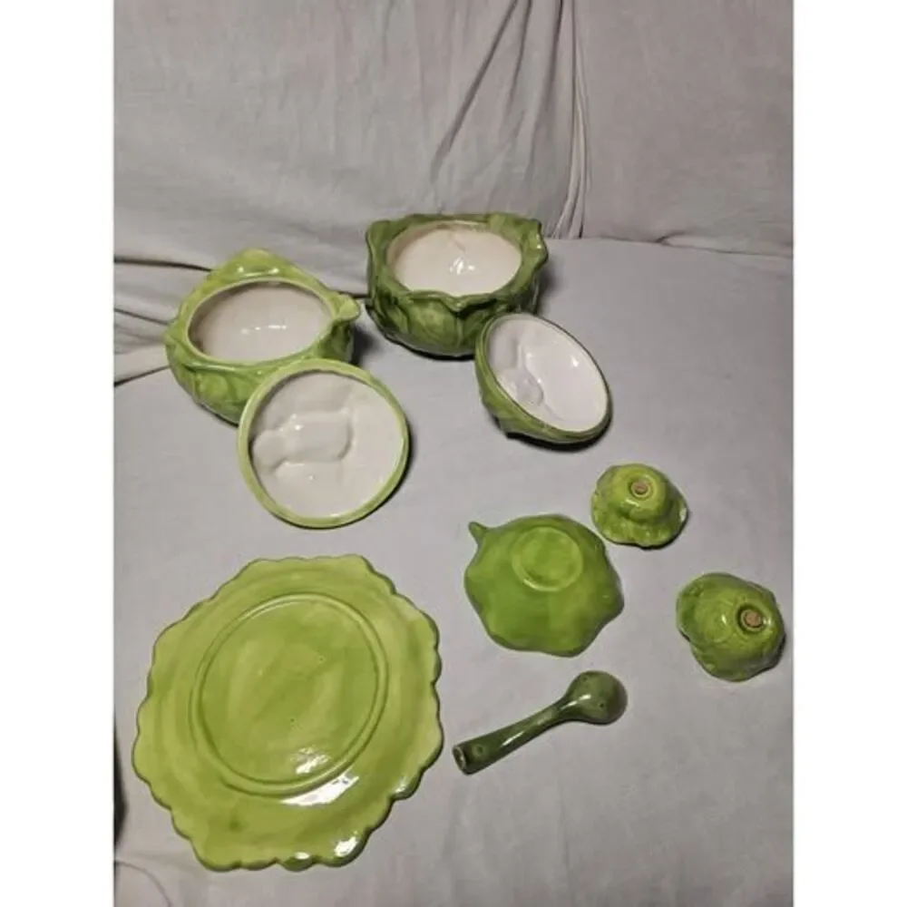 Vintage 1956 Holland Mold 9 Peice Green Cabbage Lettuce Ware Set 2 Tureen Spoon